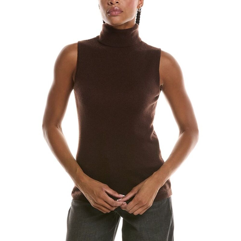 Forte Cashmere Womens  Basic Sleeveless Turtleneck 100% Cashmere Sweater, Brown